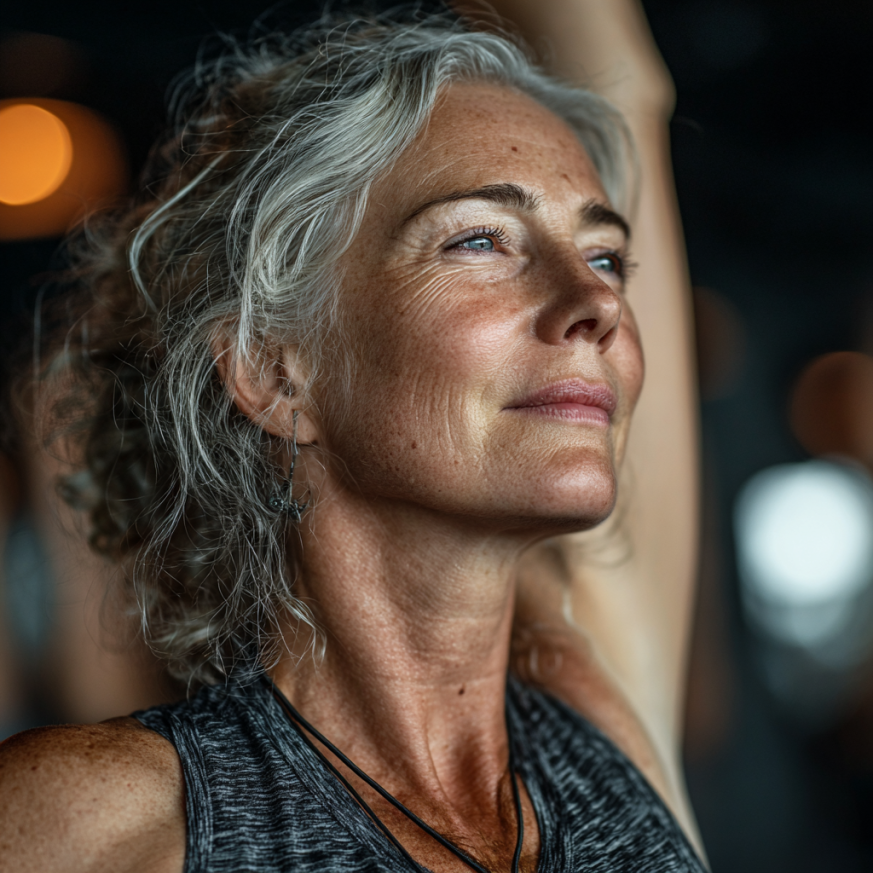 Idős hölgy jógázik